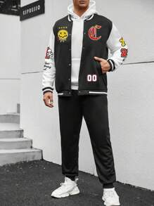 Manfinity Homme Men'S Plus Size Color-Block Cartoon Letter Pattern Jacket And Sweatpants Two Piece Set - Multicolor - View 4