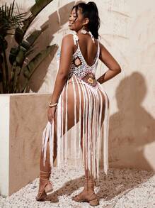 SHEIN Swim Curve 大尺寸 1 件流蘇下擺鉤編織帶背心罩衫 - 白色 - 查看 2