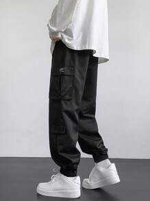 Men's Slogan Graphic Flap Pocket Side Drawstring Waist Cargo Pants, Autumn - Black - View 2