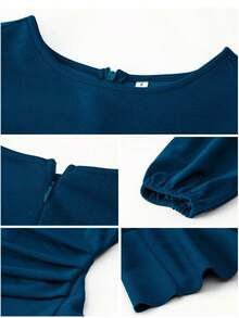 秋冬新款女裝氣質泡泡袖純色連身裙 - 藍色 - 查看 3