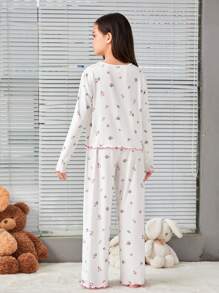 SHEIN Tween 女孩寬鬆休閒拼色和花卉印花長袖上衣和褲子家居服套裝