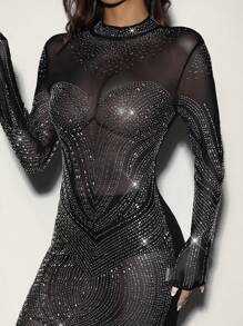 Allurite Black Sequined Diamond-Embellished Mesh See-Through Sexy Hip-Hugging Dress New Year's Valentine's Day Sexy Prom Cocktail Dress