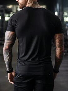 Manfinity Sport PWRUP 男友风格男士字母印花运动风格短袖 T 恤健身上衣基本款 T 恤，健身房，图案，运动服，纯色