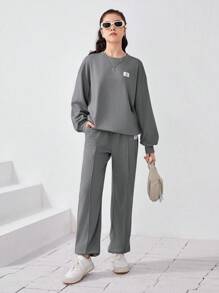 SHEIN 青少年針織華夫格圖案標籤運動衫斜口袋和慢跑褲套裝 - 淺灰色 - 查看 4