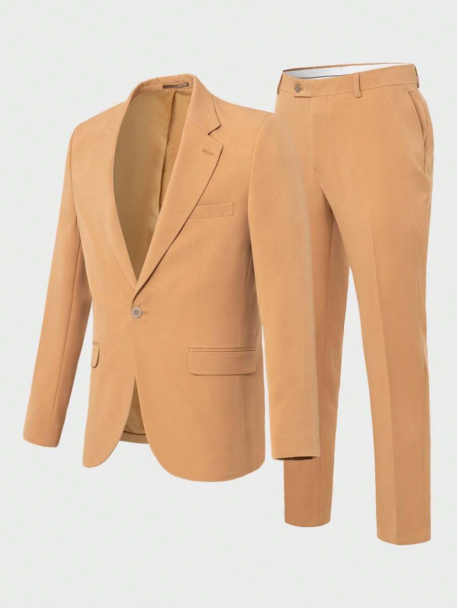 RueChic Men'S Solid Single-Breasted Suit Set - Camel - View 1