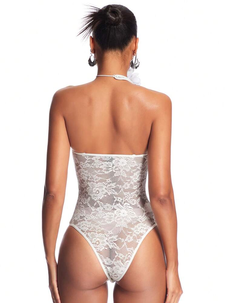 Glamorous White Lace Sleeveless Halter Bodysuit For Women, See-Through Design, Perfect For Valentine's Day