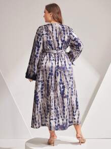 Modelyn Plus Size Tie Dye Furry Cuffs Flared Sleeves Belted Dress - Navy Blue - View 2