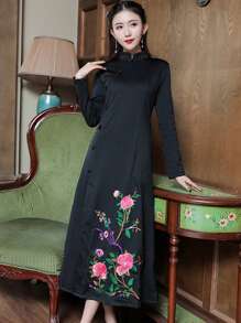 秋冬新款加厚刺繡長款旗袍連衣裙,設計改良,適合日常穿著 - 黑色 - 查看 1