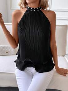 SHEIN Clasi Của phụ nữ Giả ngọc trai Trang trí Nếp uốn Vòng cổ Halter Neck Áo sơ mi - Hồng - Xem 3