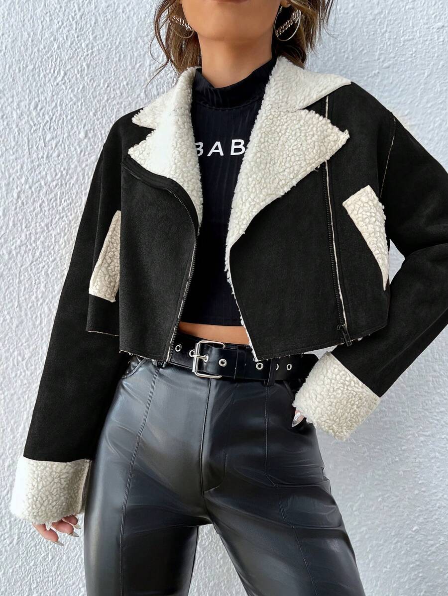 SHEIN EZwear 有貼毛短款夾克,帶翻領 - 黑色 - 查看 1