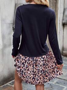 SHEIN LUNE Print Patchwork Button Detail Dress - Navy Blue - View 2