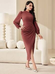 Modelyn 女款純色燈籠袖褶襉修身連身裙 - 珊瑚粉 - 查看 4