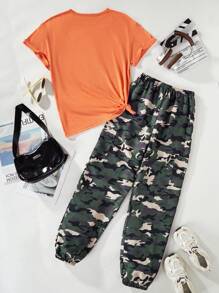 Explorewe 少女角色印花圓領 T 恤和迷彩褲套裝,工裝風格 - 彩色 - 查看 2