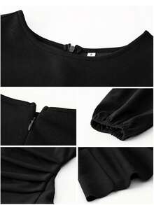 Lantern Sleeve Ruffle Trim Ruched Ruffle Hem Dress - Black - View 4