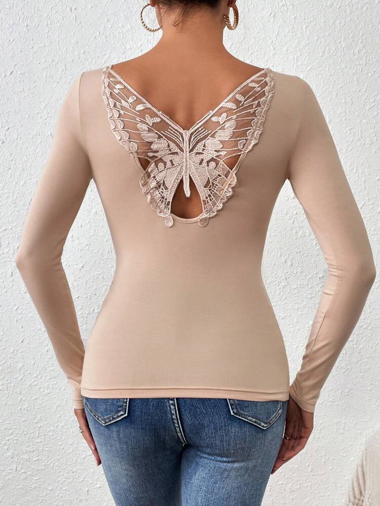 Embroidered Butterfly Decoration Long Sleeve T-Shirt