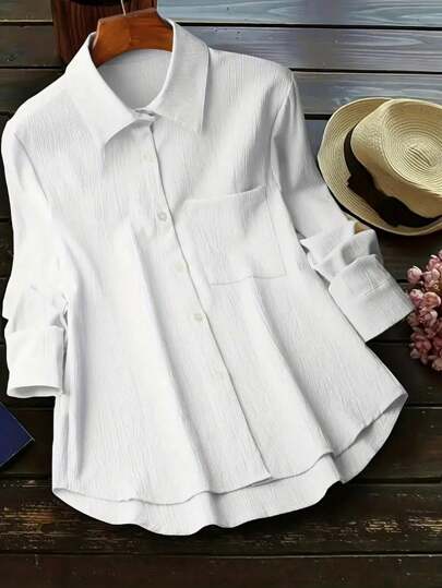 INAWLY 白色前扣休闲衬衫，长袖上衣