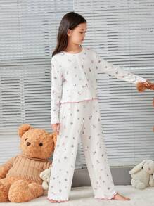 SHEIN Tween 女孩寬鬆休閒拼色和花卉印花長袖上衣和褲子家居服套裝