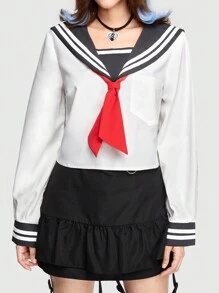 ROMWE J-Fashion 女式日本風水手領恤衫,附有印花口袋,可愛風格 - 灰色 - 查看 2