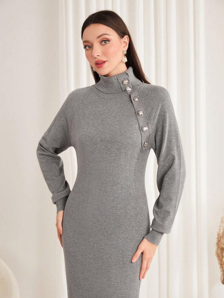Button Decorated Long Sleeve Sweater Dress Fall Cloth For Women