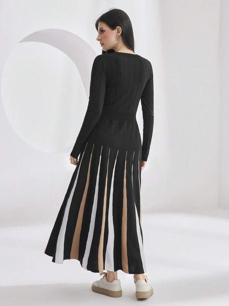 Contrast Striped Flared Hem Long Sleeve Sweater Dress
