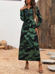 SHEIN Clasi Camo In Thắt lưng Váy sơ mi - xanh quân đội - Xem 3