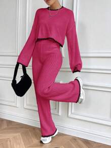 SHEIN Unity 對比邊滴肩毛衣和針織長褲簡單休閒套裝 - 彩色 - 查看 4