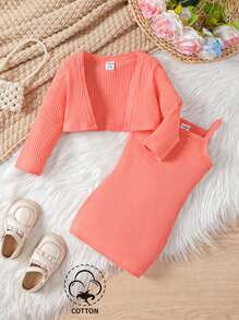 嬰兒女孩實色網紗開衫背心,條紋蝴蝶結裙子套裝 - 西瓜粉 - 查看 1