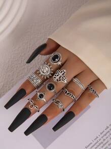 ROMWE Goth 11pcs/Set Fashionable Personalized With Zinc Alloy Hollow Crown Sun Geometric Circle Pattern Diamond-Shape Vintage Base Ring Set For Women, Party Gift - Antique Silver - View 1