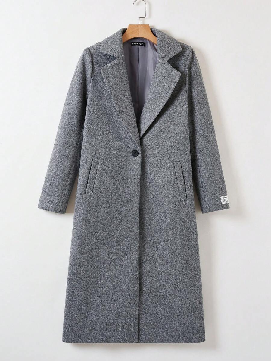 SHEIN EZwear 秋冬女款字母图案衬里格子羊毛大衣 - 灰色 - 查看 1