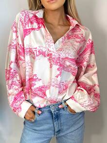Astylish 風景印花燈籠袖襯衫 - 粉色 - 查看 1