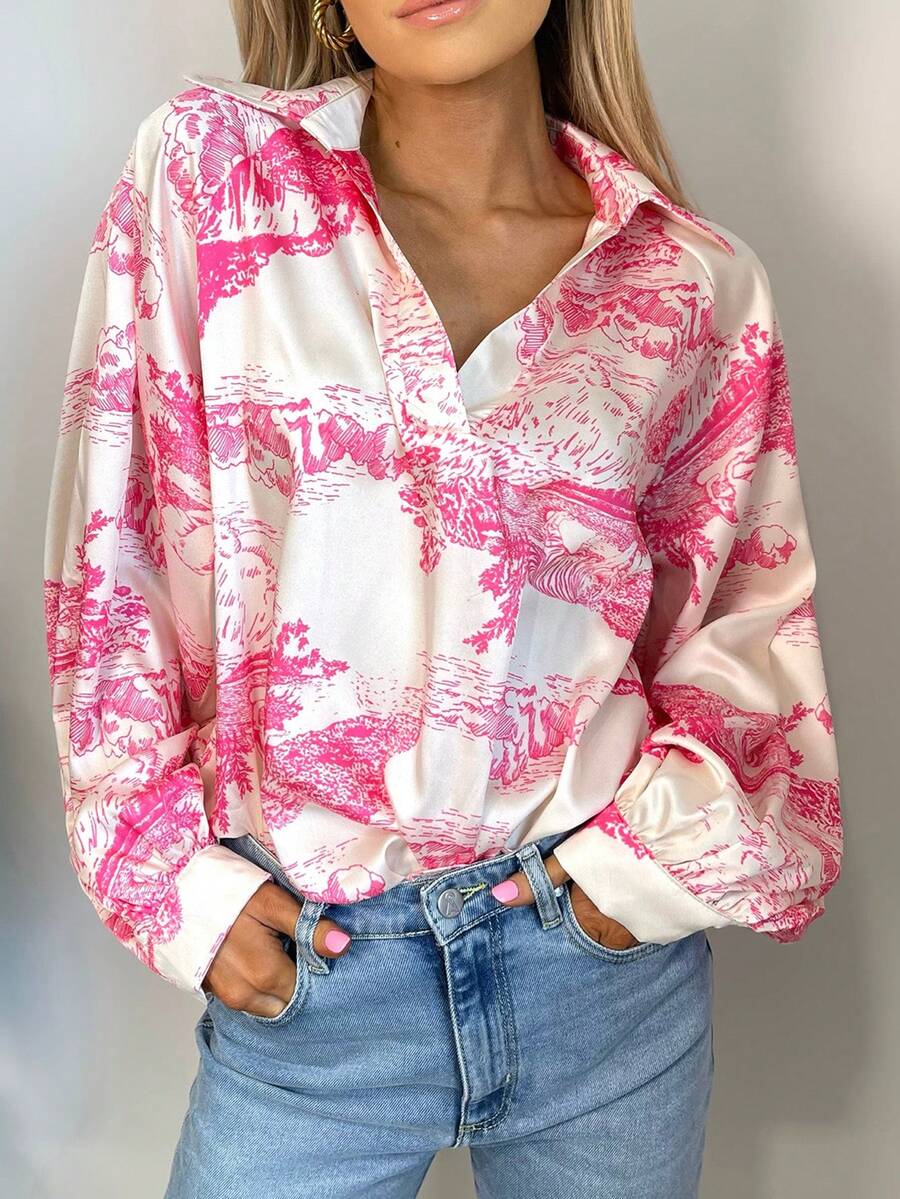 Astylish 風景印花燈籠袖襯衫 - 粉色 - 查看 1