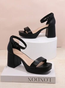 SHUZIA 畅销女式踝带方头粗跟 PU 黑色正装凉鞋 - 别致、舒适且百搭的必备单品