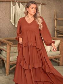 纯色V领长袖荷叶边下摆大码连衣裙，适合海边度假、波西米亚风复活节海滩装扮、夏威夷音乐节和热带度假。 - 棕色 - 查看 4
