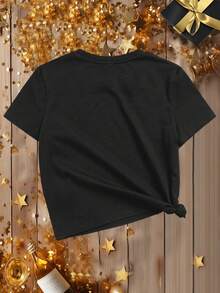 適合夏天的青少女休閒2024新年印花短袖t恤 - 黑色 - 查看 2