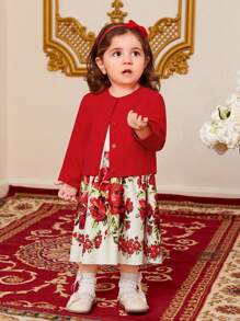 Baby Girls' Floral Printed Dress With Red Knitted Cardigan - Red - View 4