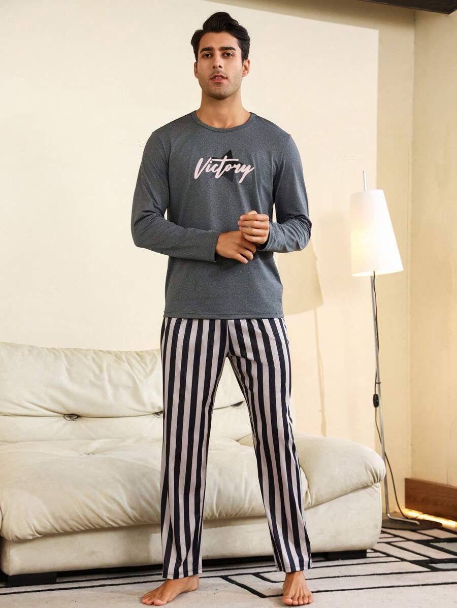 Men'S Letter & Stripe Design Homewear Set - Dark Grey - View 1