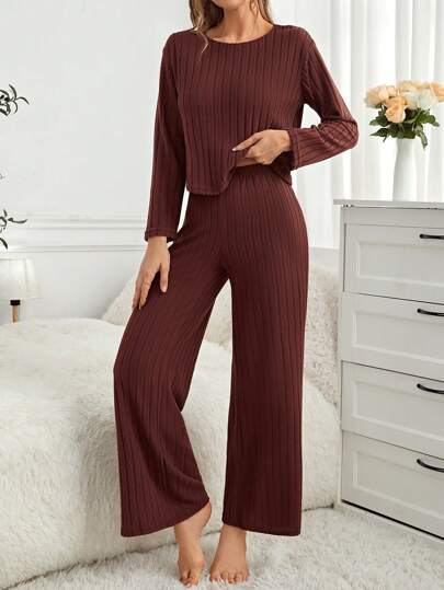 Long Sleeve Ribbed Top Pants Homewear Lounge Set Cozy Outfit, Fall Clothes view 6
