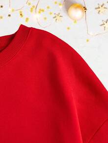 SHEIN Essnce 1件女士寬鬆款新年字母印花保暖圓領毛絨衫 - 紅色 - 查看 4