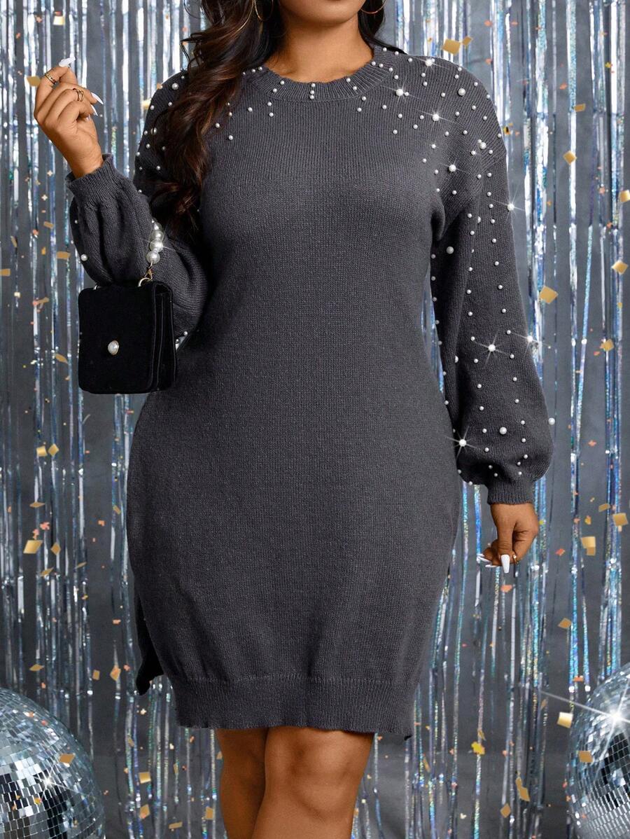 SHEIN Clasi 大尺碼女式鏤空釘珠毛衣連衣裙,下垂設計肩膀 - 灰色 - 查看 1