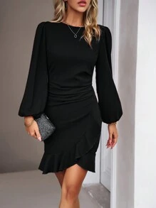 Lantern Sleeve Ruffle Trim Ruched Ruffle Hem Dress - Black - View 1