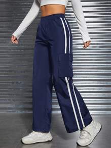 SHEIN PETITE Striped Side Design Cargo Pants - Navy Blue - View 1