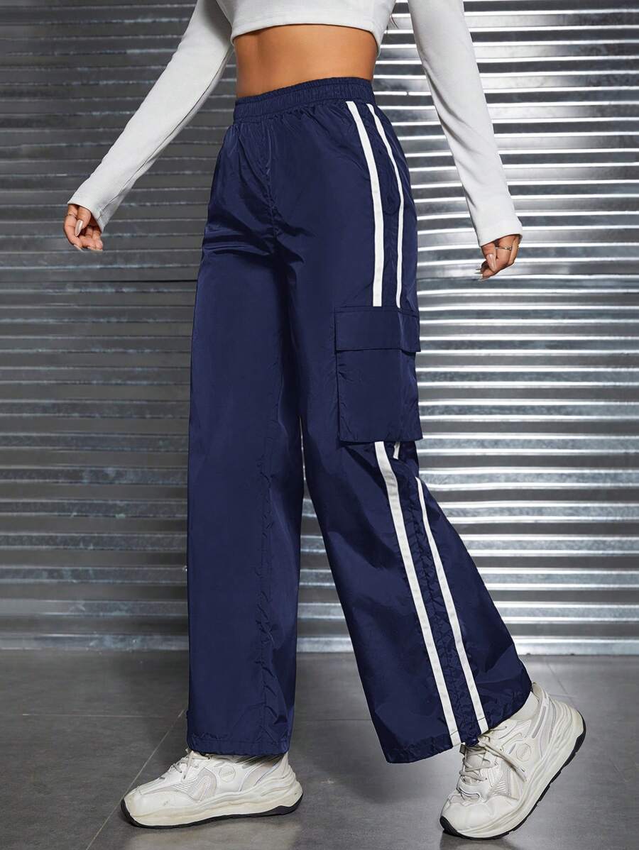 SHEIN PETITE Striped Side Design Cargo Pants - Navy Blue - View 1