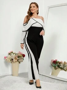SHEIN Privé 女士加大碼浪漫優雅情人節肩帶荷葉邊露肩色塊連身褲 - 黑與白 - 查看 1