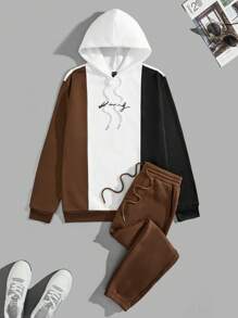 Manfinity RebelGame 男士拼色字母印花抽繩連帽衫和運動褲休閒 2 件/套 - 彩色 - 查看 1