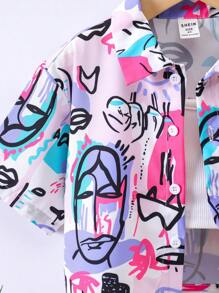 SHEIN Young Girls Graffiti Print Cropped Short Sleeve Shirt