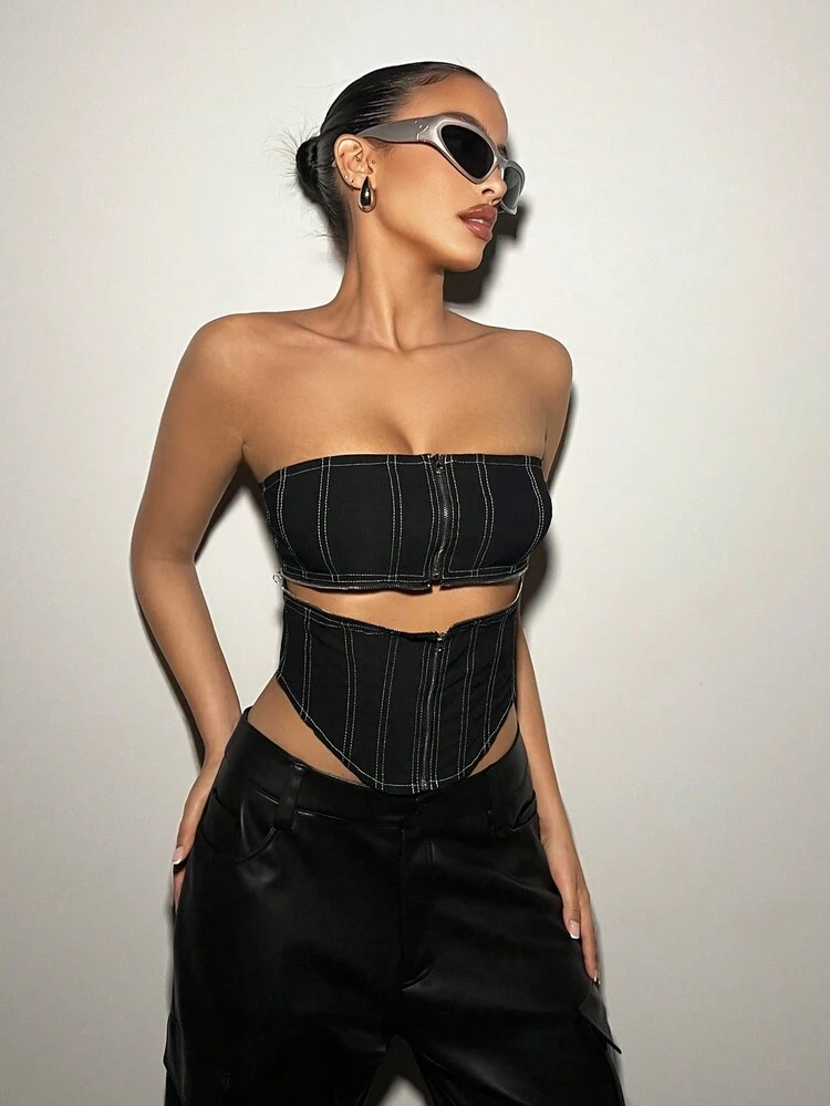 Women's Contrast Color Zipper Decor Strapless Top