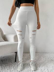 SHEIN Unity 女裝破洞修身褲襪 - 白色 - 查看 6