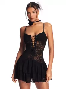 SHEIN BAE Vestido Trasero Con Tirantes De Espagueti Y Encaje Con Lazo, Glamoroso Y Sin Espalda - Negro - Ver 5