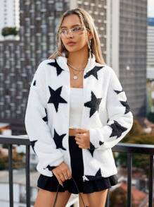 SHEIN Unity 女星圖案正面拉鍊夾克 - 黑與白 - 查看 1