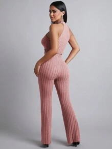 SHEIN PETITE Women's Sleeveless Top And Pants Two Piece Set With Asymmetrical Hem Design - Dusty Pink - View 2